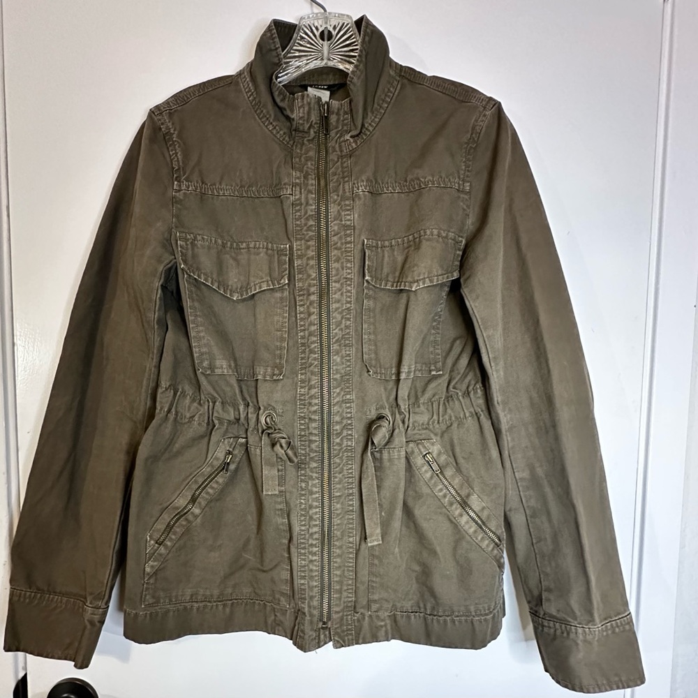 J Crew Military Green Cotton Drawstring Unlined Jacket Zip Up High Neck Size XS